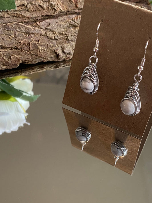 Howlite Gemstone and Silver Herringbone Wrapped Crystal Earrings, Unique Handmade Gift,