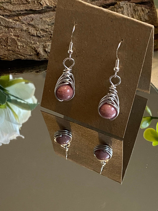 Pink Rhodonite Gemstone and Silver Herringbone Wrapped Crystal Earrings, Unique Handmade Gift,