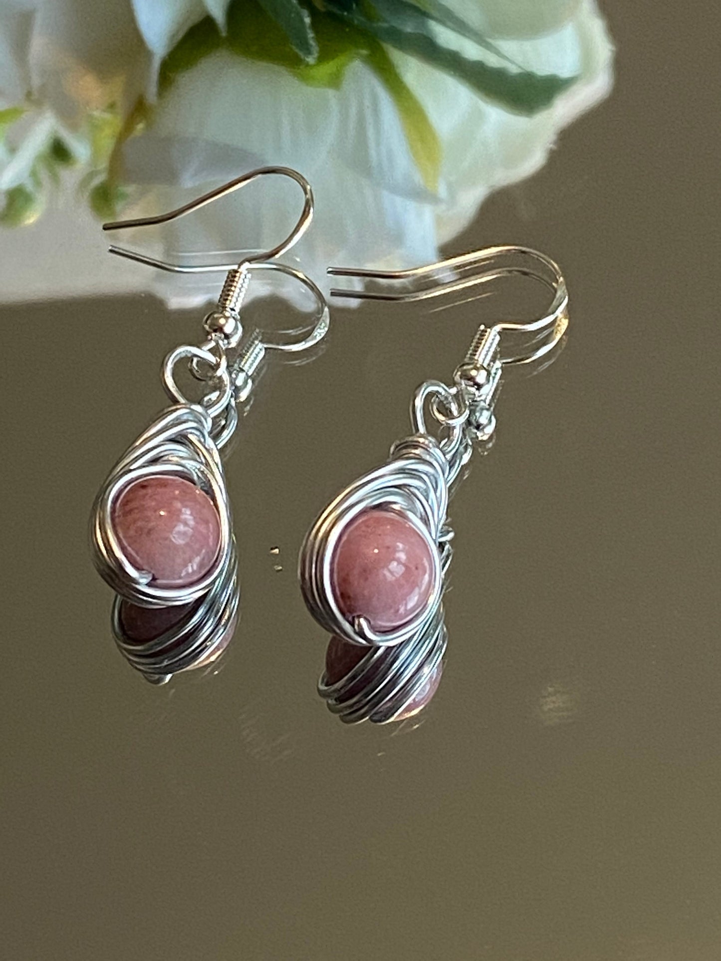 Pink Rhodonite Gemstone and Silver Herringbone Wrapped Crystal Earrings, Unique Handmade Gift,