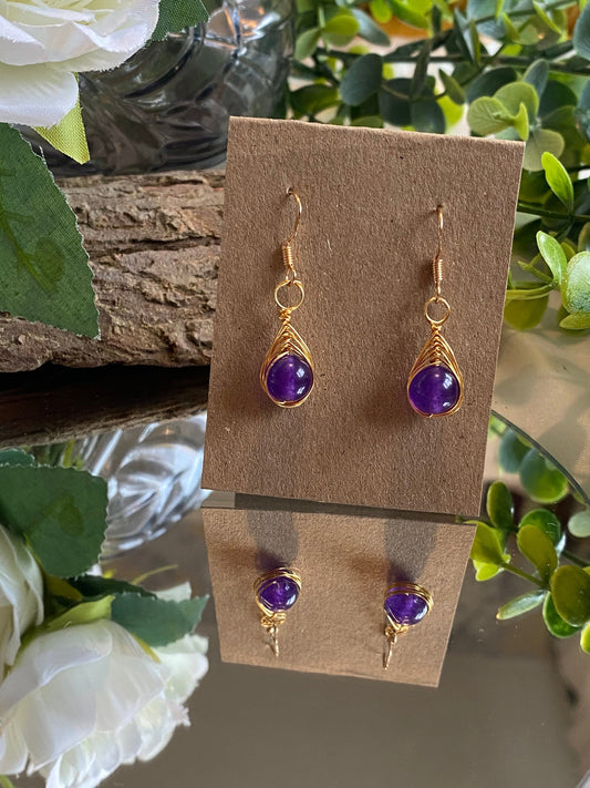 Amethyst Gemstone Wrapped Crystal Earrings, Unique Handmade Gift,