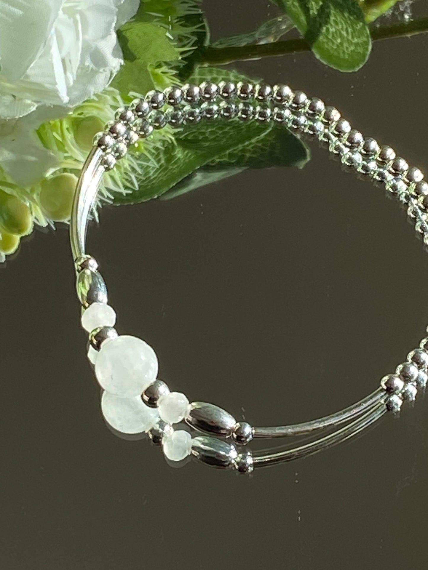 Quartz Gemstone and Sterling Silver Crystal Bracelet, Unique Handmade Gift,