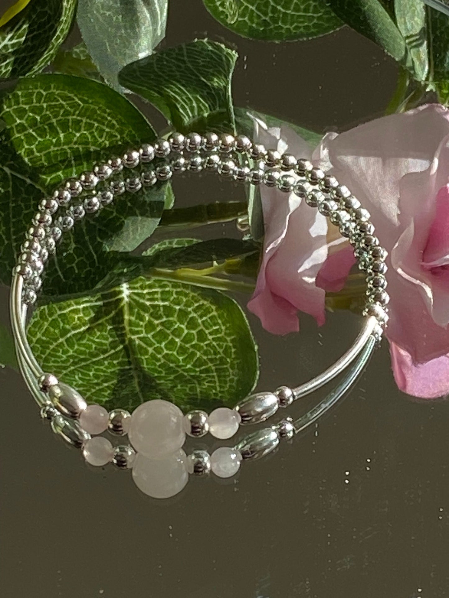 October Birthstone Bracelet, Rose Quartz Gemstone and Sterling Silver Crystal Bracelet, Unique Handmade Gift,