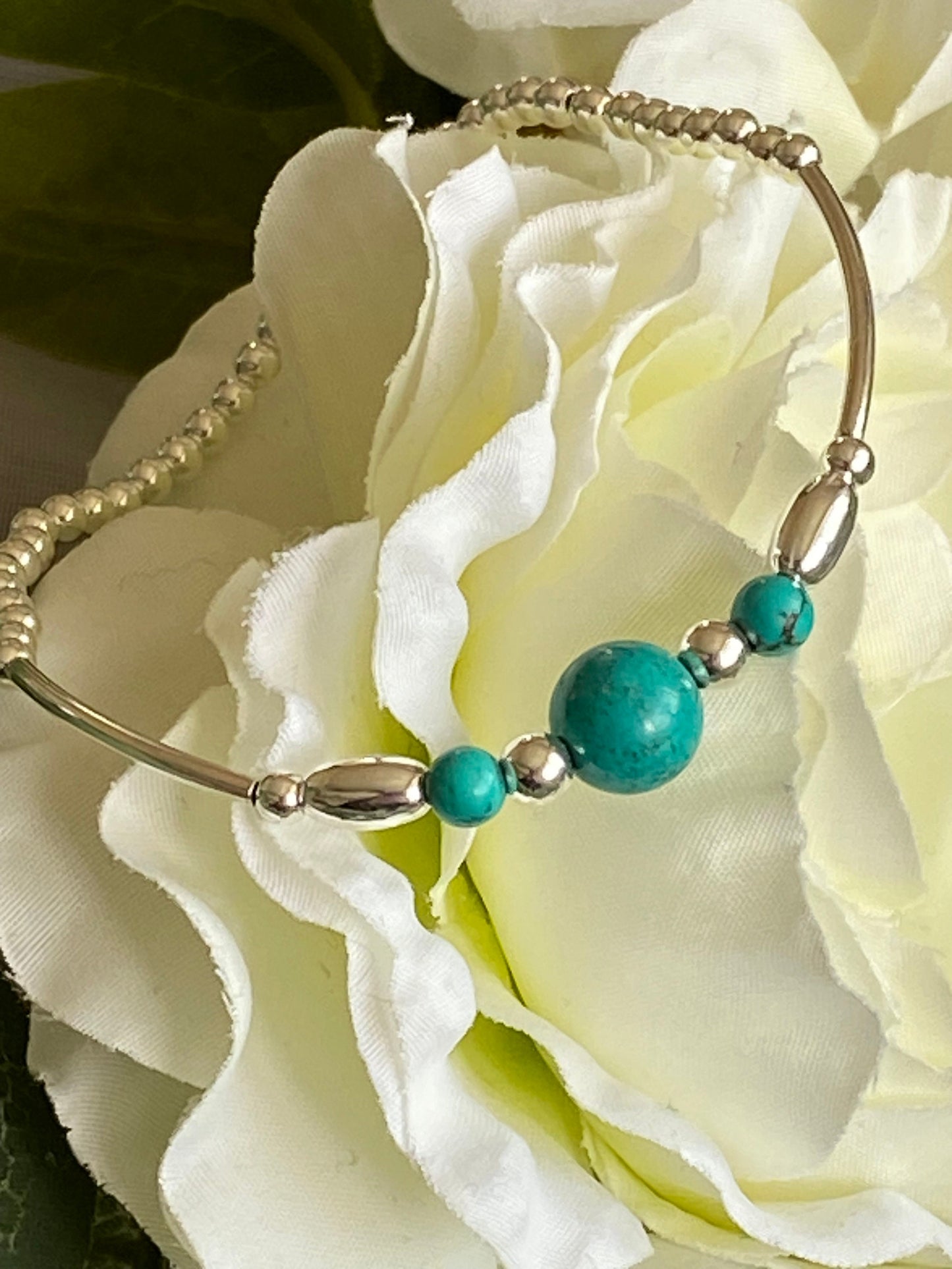 Turquoise Gemstone and Sterling Silver Crystal Bracelet, Unique Handmade Bracelet,