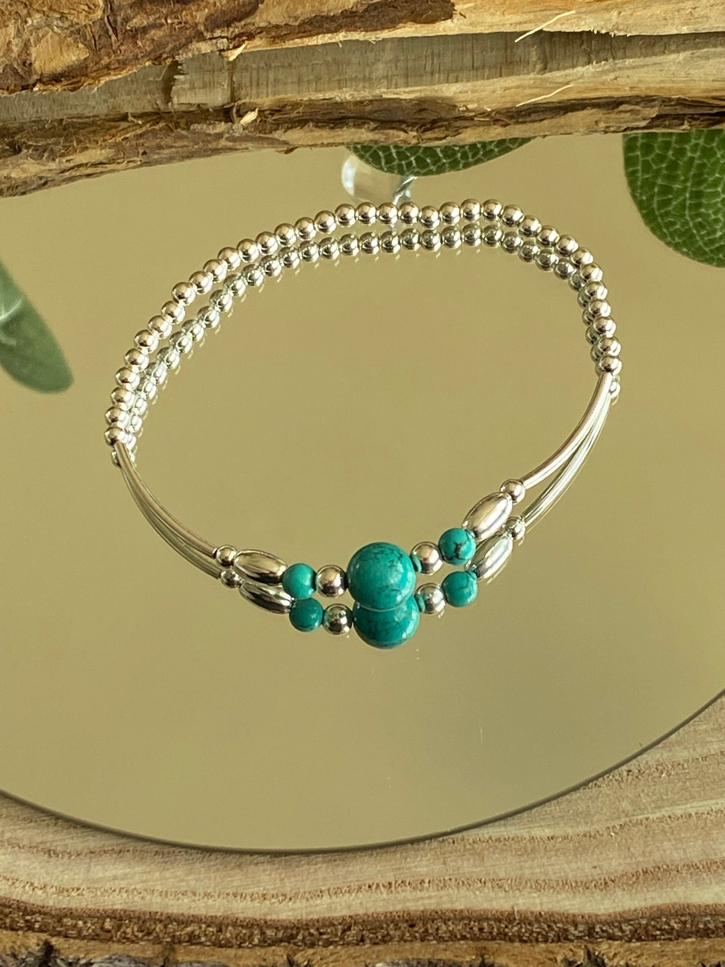 Turquoise Gemstone and Sterling Silver Crystal Bracelet, Unique Handmade Bracelet,