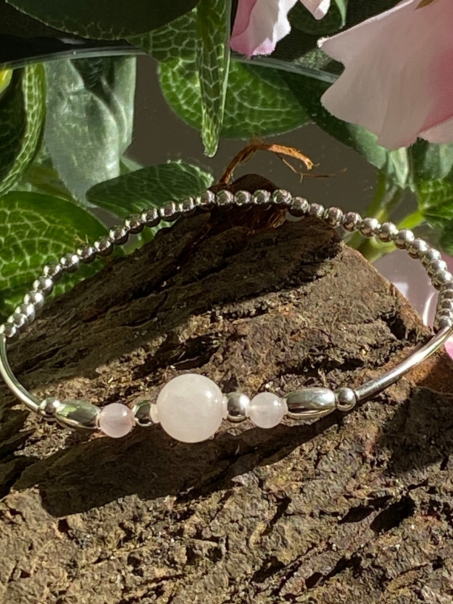 Rose Quartz Gemstone and Sterling Silver Crystal Bracelet, Unique Handmade Bracelet,