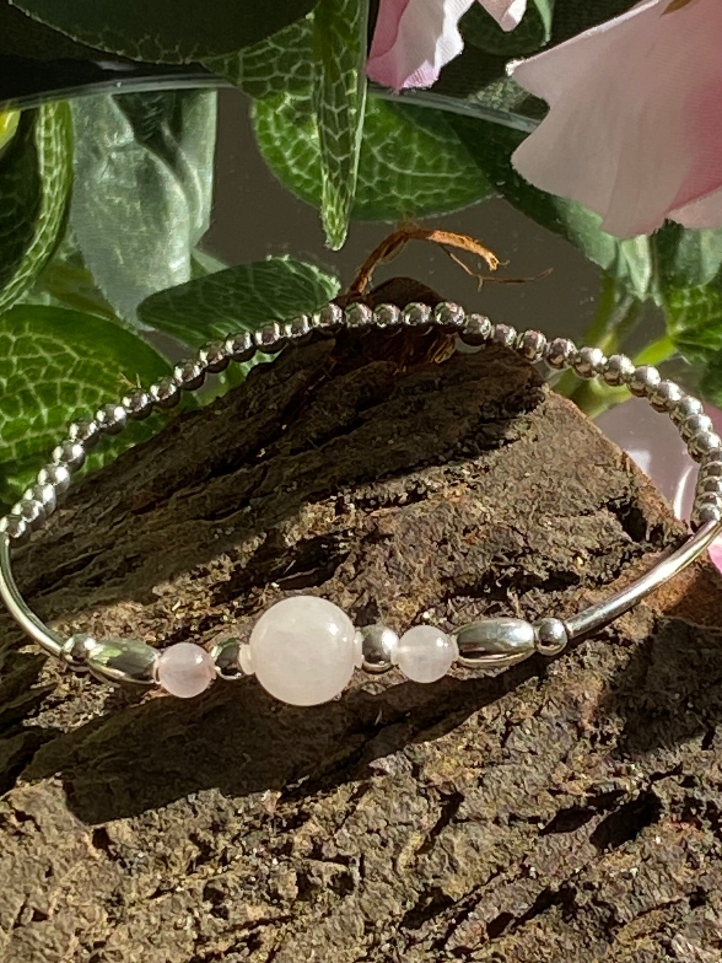 October Birthstone Bracelet, Rose Quartz Gemstone and Sterling Silver Crystal Bracelet, Unique Handmade Gift,