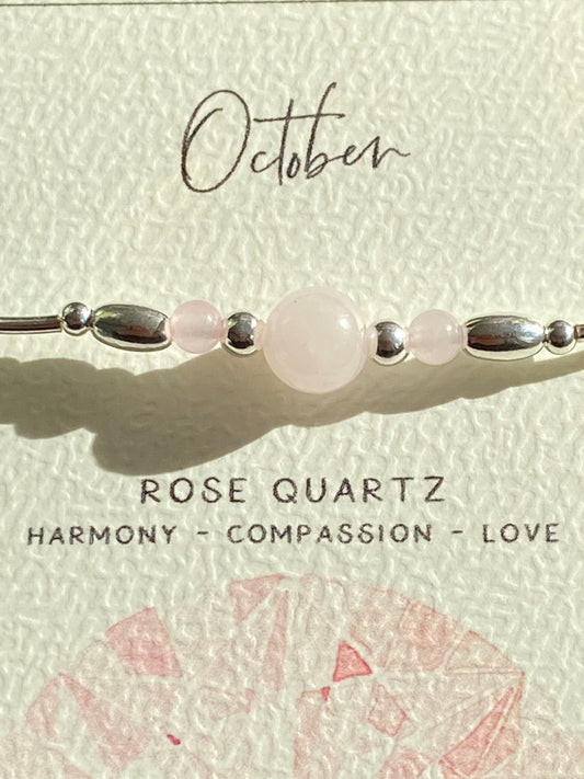 October Birthstone Bracelet, Rose Quartz Gemstone and Sterling Silver Crystal Bracelet, Unique Handmade Gift,