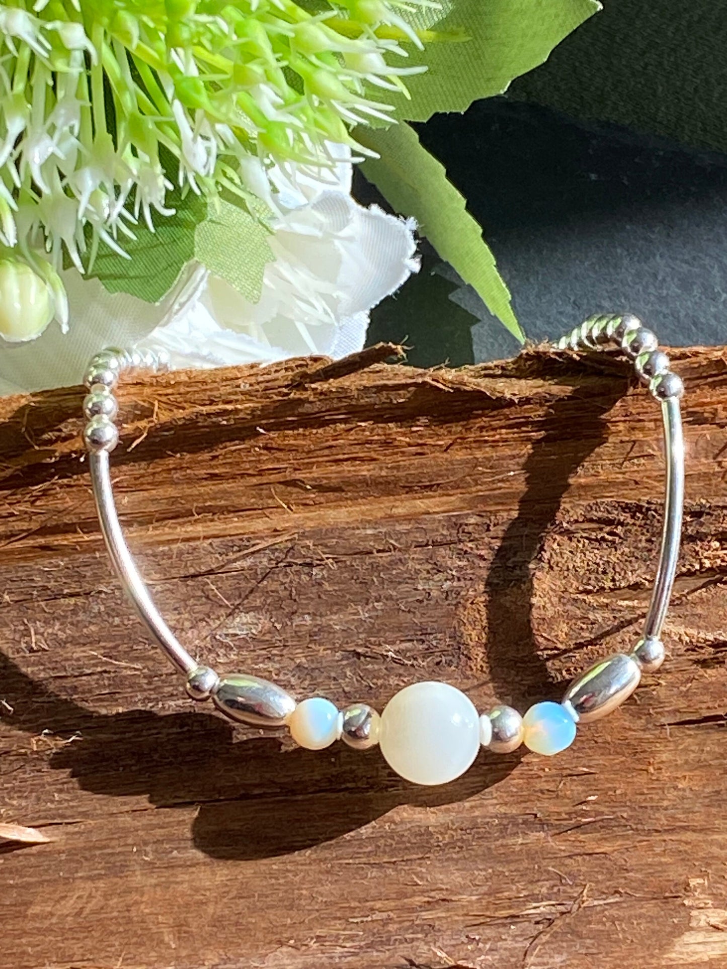 Moonstone Gemstone and Sterling Silver Crystal Bracelet, Unique Handmade Bracelet,