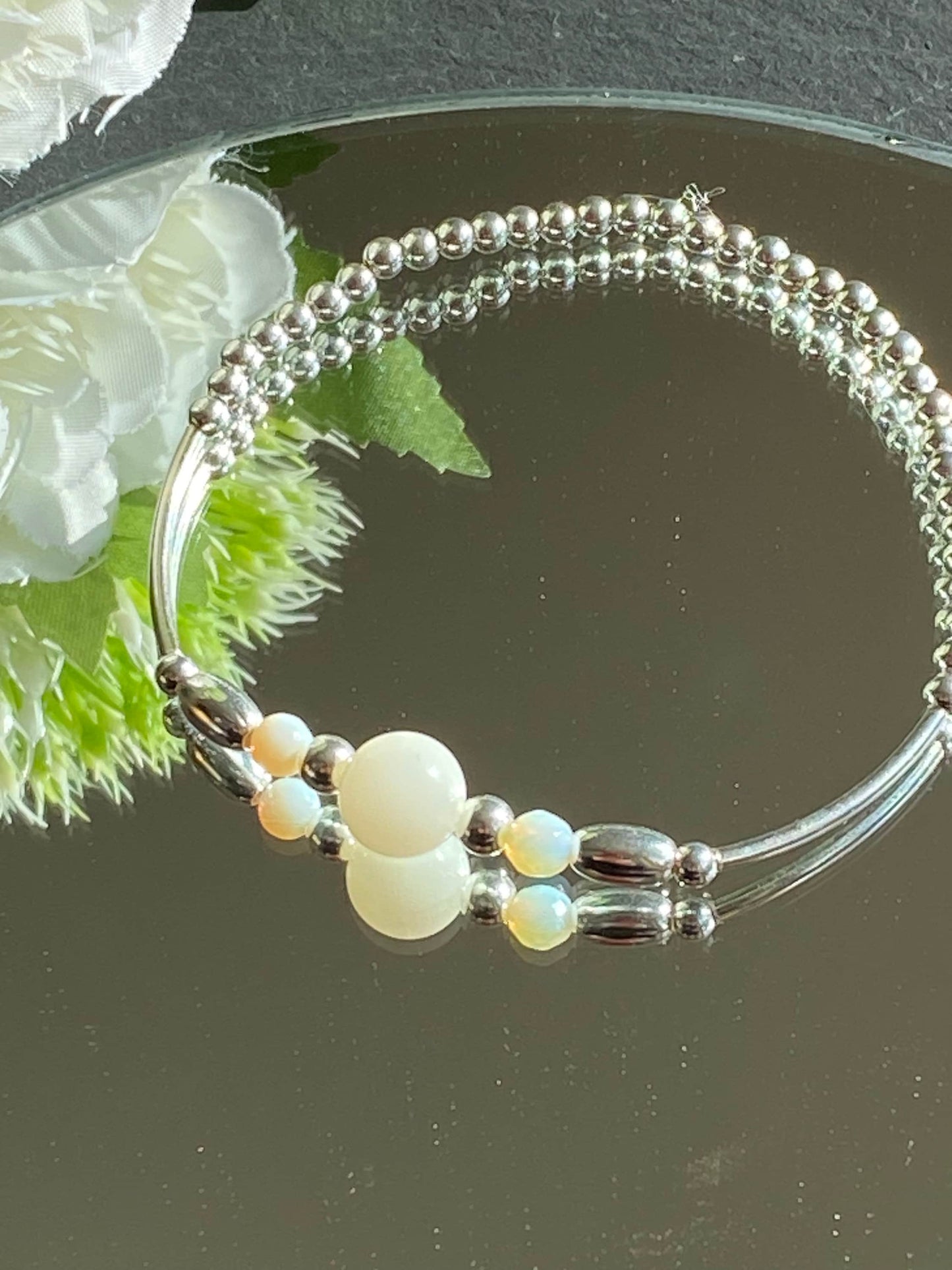 Moonstone Gemstone and Sterling Silver Crystal Bracelet, Unique Handmade Bracelet,