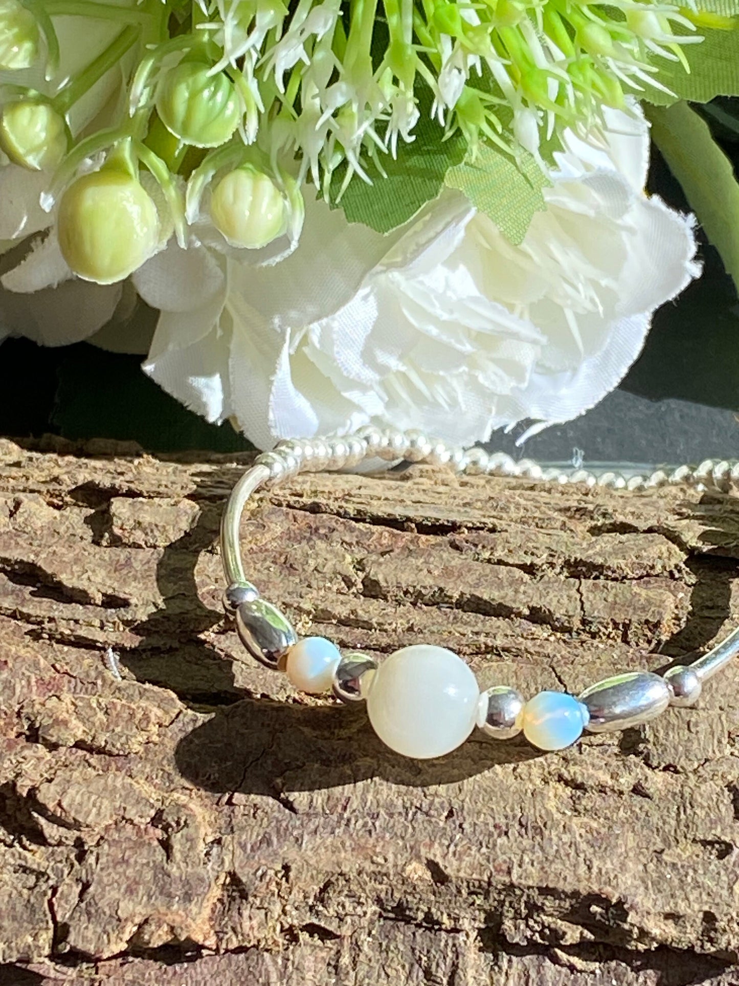 Moonstone Gemstone and Sterling Silver Crystal Bracelet, Unique Handmade Bracelet,