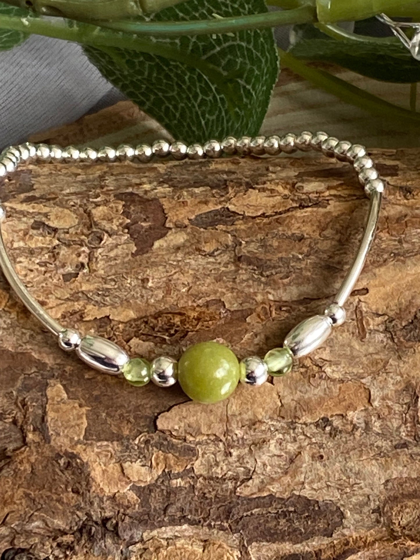 Peridot Gemstone and Sterling Silver Crystal Bracelet, Unique Handmade Gift,