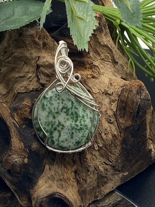 Green Jasper Gemstone and Argentium Sterling Silver Wrapped Crystal Pendant, Unique Handmade Necklace