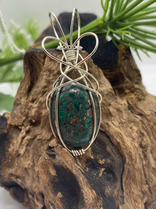 Malachite Gemstone and Pyrite Pendant, Argentium Sterling Silver Wrapped Crystal Necklace, Unique Handcrafted Gift,