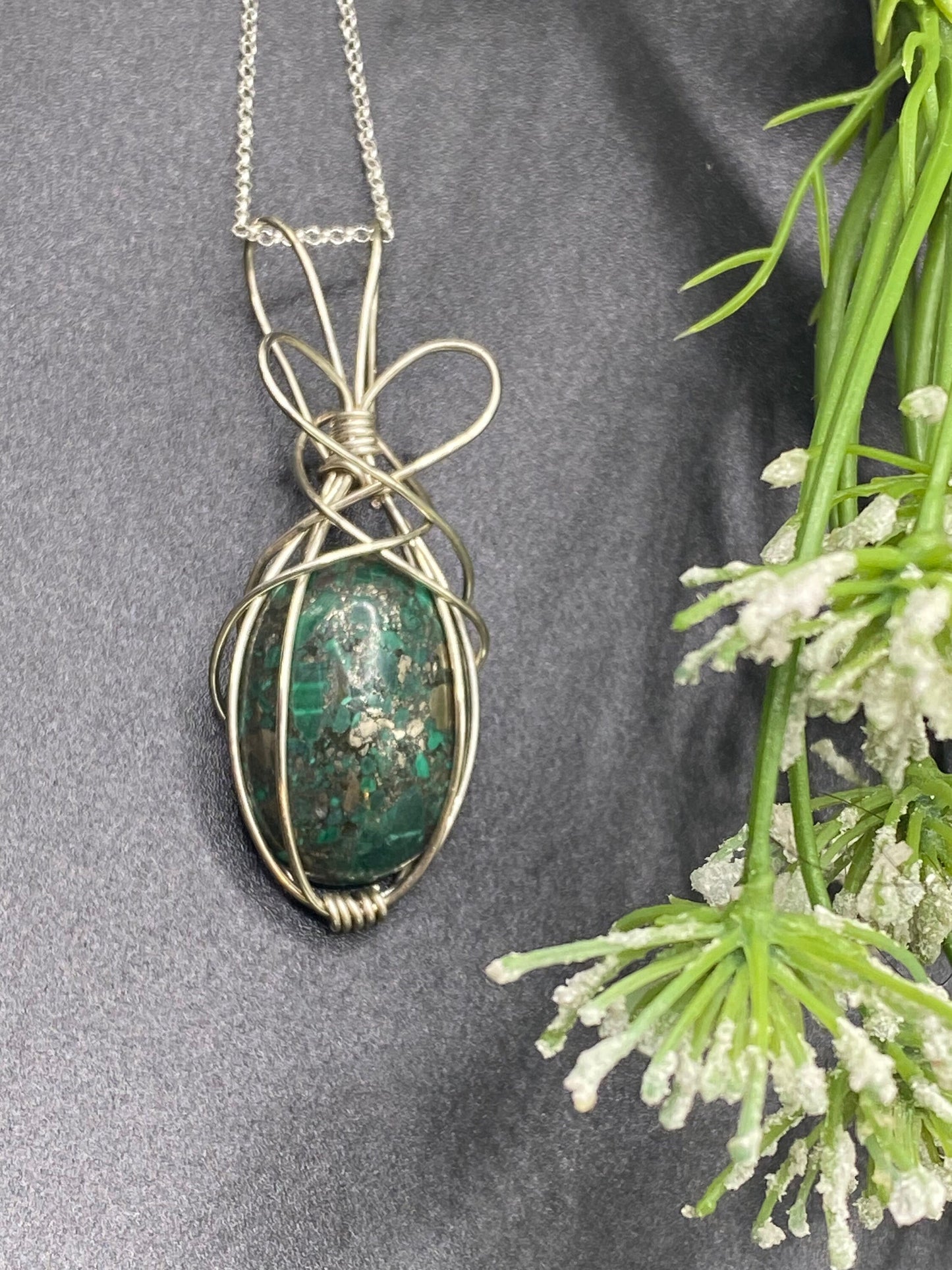 Malachite Gemstone and Pyrite Pendant, Argentium Sterling Silver Wrapped Crystal Necklace, Unique Handmade Gift,