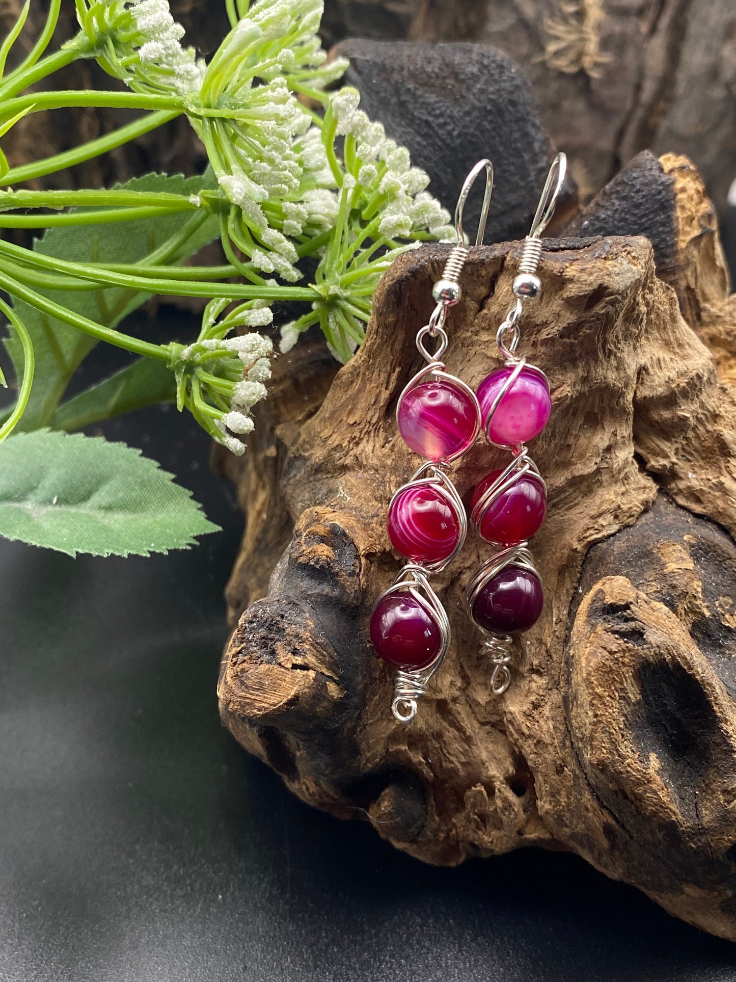 Pink Agate Gemstone and Silver Crystal Earrings, Unique Handmade Gift,