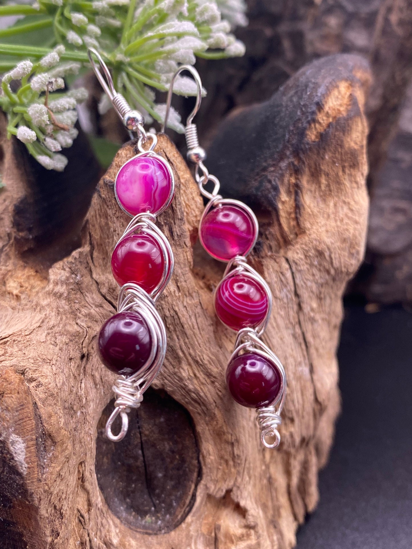 Pink Agate Gemstone and Silver Crystal Earrings, Unique Handmade Gift,