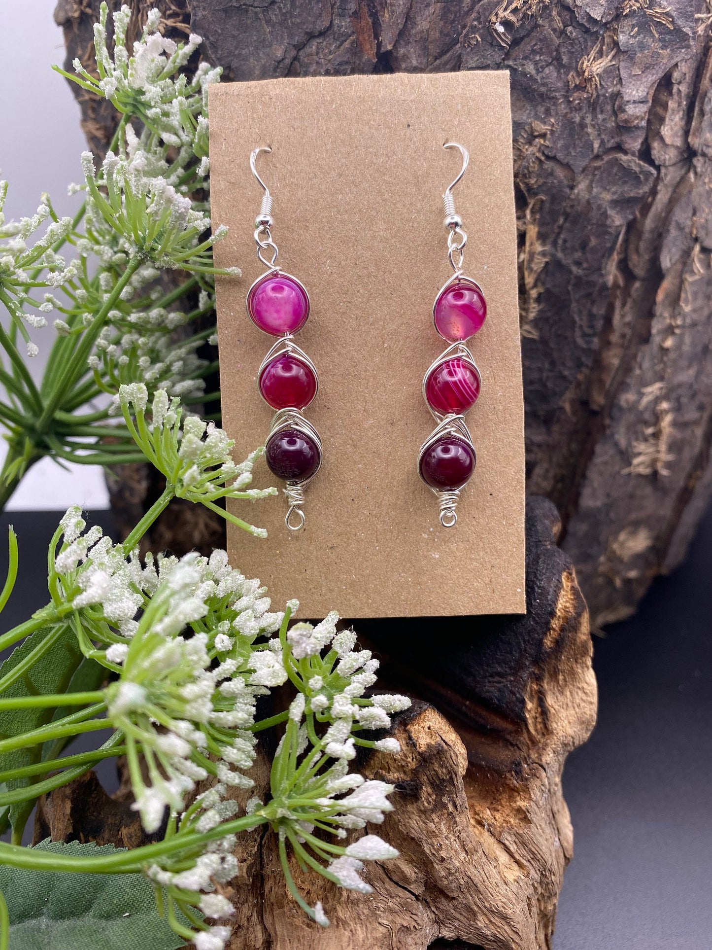 Pink Agate Gemstone and Silver Crystal Earrings, Unique Handmade Gift,