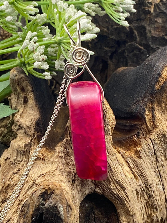 Pink Agate Gemstone and Silver Wrapped Pendant, Crystal Necklace, Unique Handmade Gift,