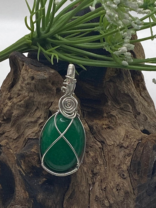 Jade Gemstone and Argentium Sterling Silver Wrapped Crystal Pendant, Unique Handmade Necklace,