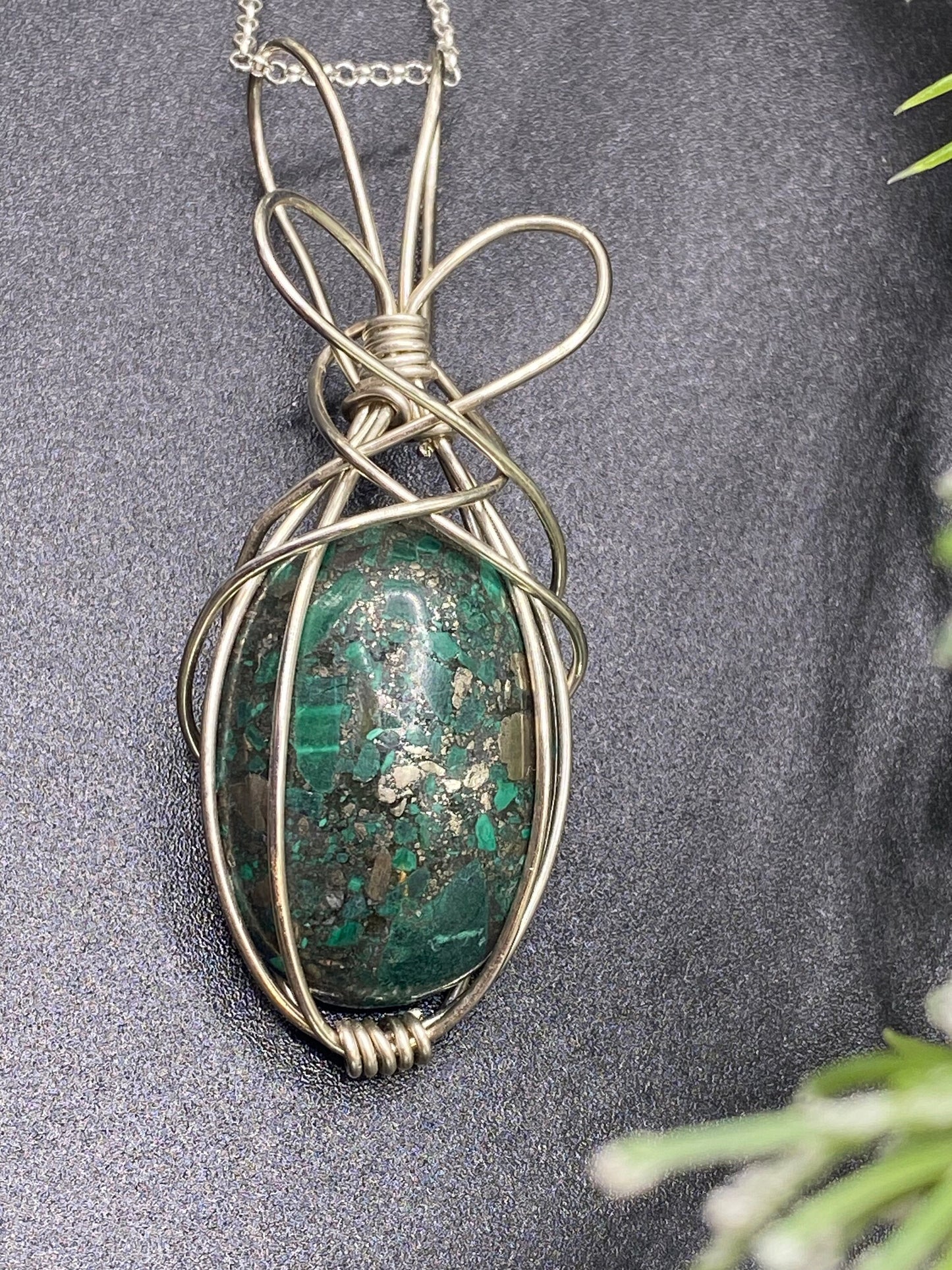 Malachite Gemstone and Pyrite Pendant, Argentium Sterling Silver Wrapped Crystal Necklace, Unique Handmade Gift,