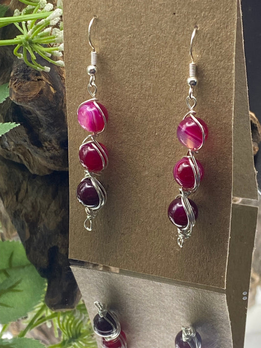 Pink Agate Gemstone and Silver Crystal Earrings, Unique Handmade Gift,