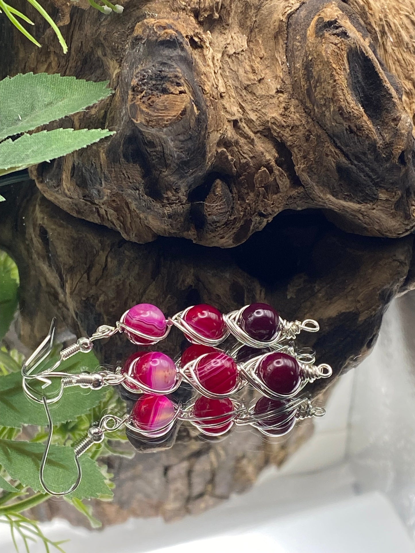 Pink Agate Gemstone and Silver Crystal Earrings, Unique Handmade Gift,