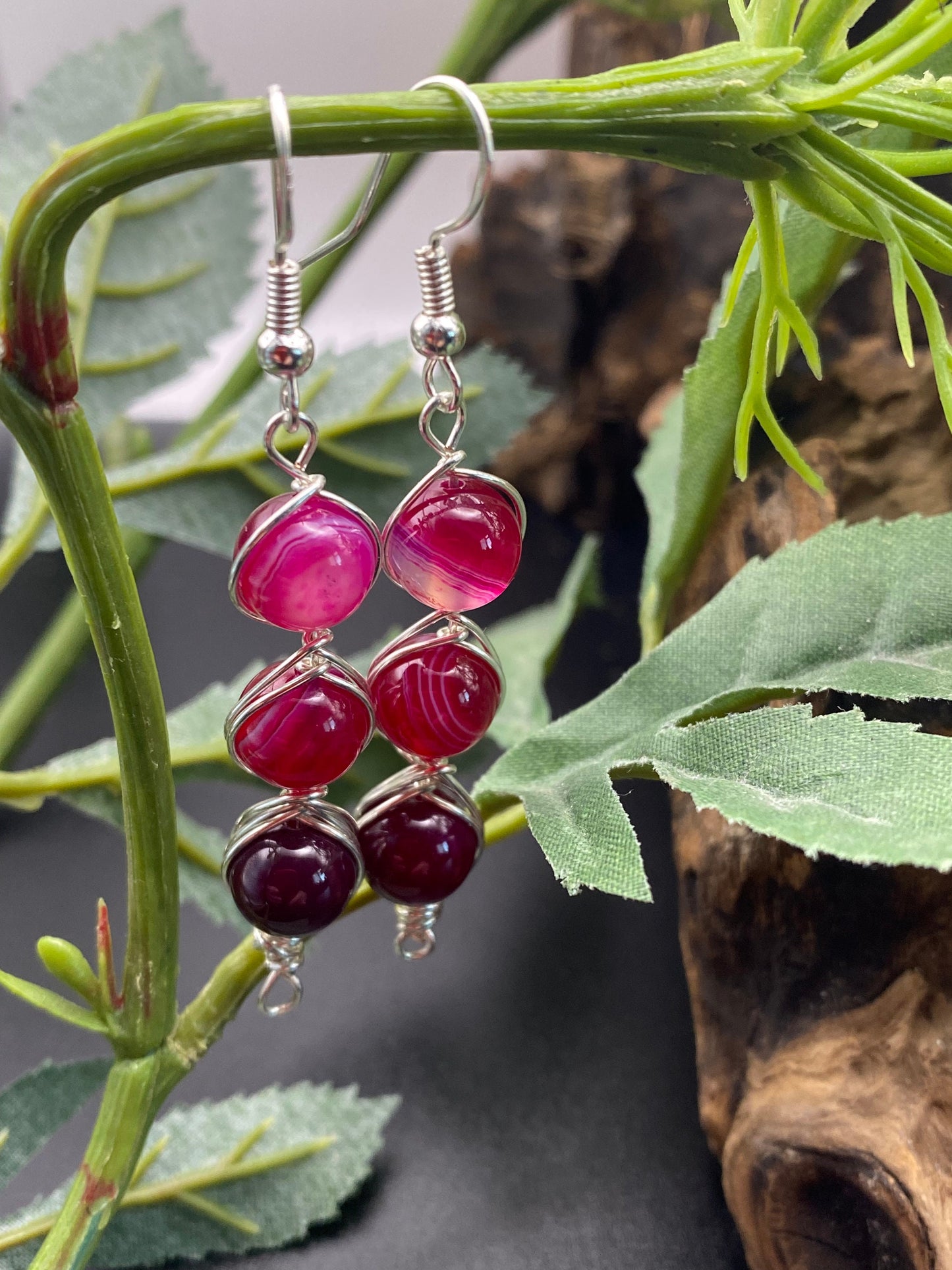 Pink Agate Gemstone and Silver Crystal Earrings, Unique Handmade Gift,