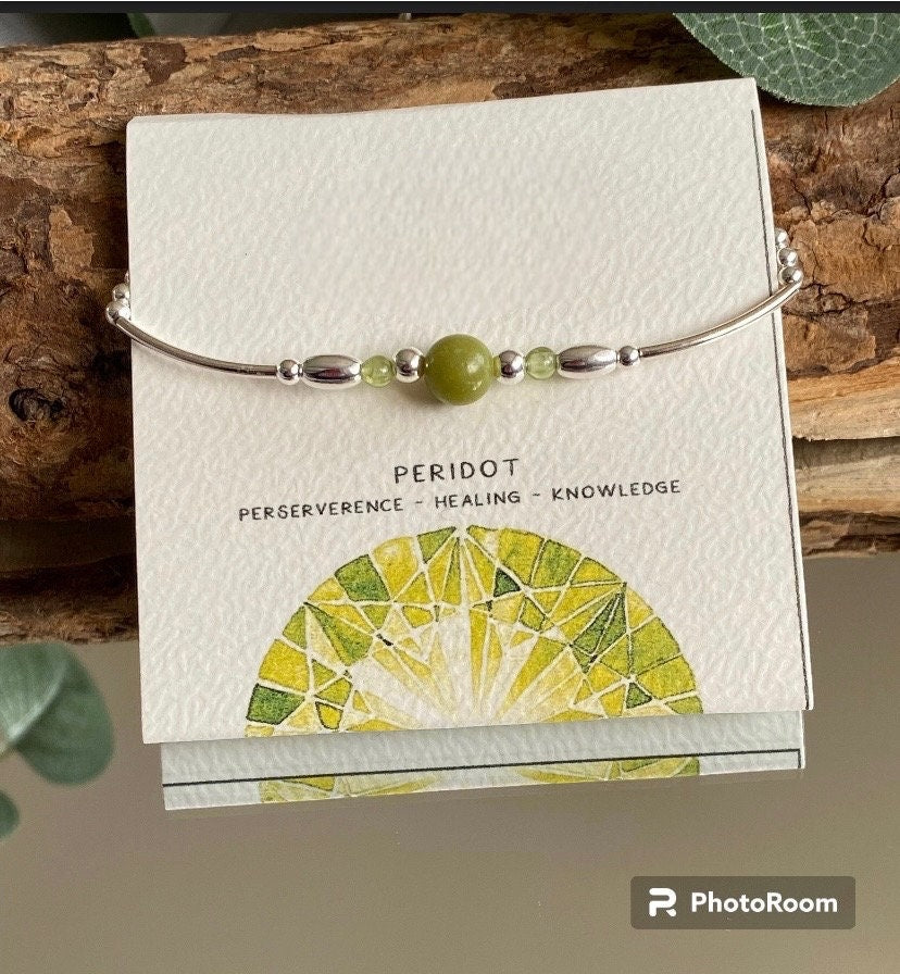 Peridot Gemstone and Sterling Silver Crystal Bracelet, Unique Handmade Gift,