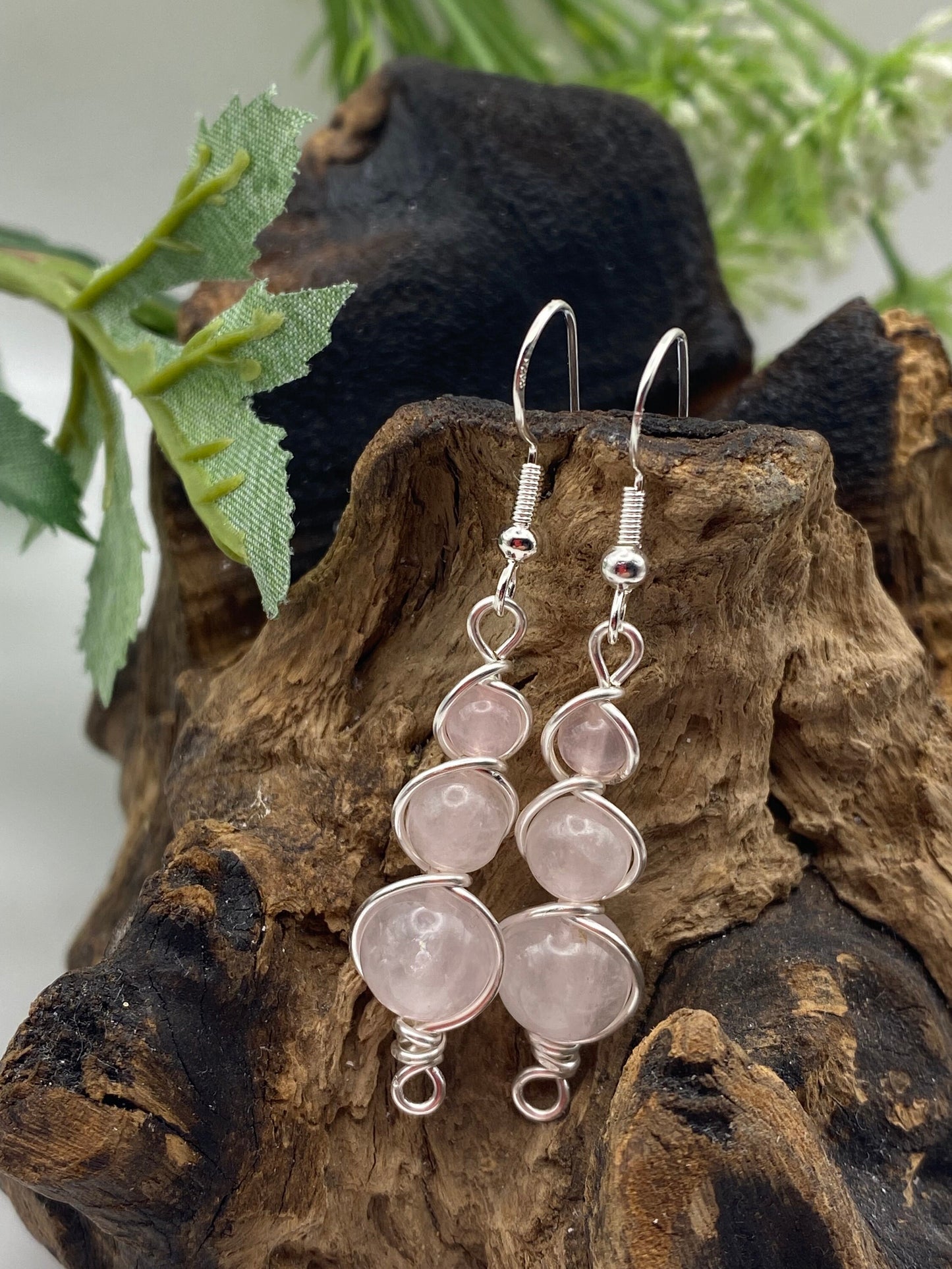 Pink Rose Quartz Gemstone and Silver Crystal Earrings, Unique Handmade Gift,