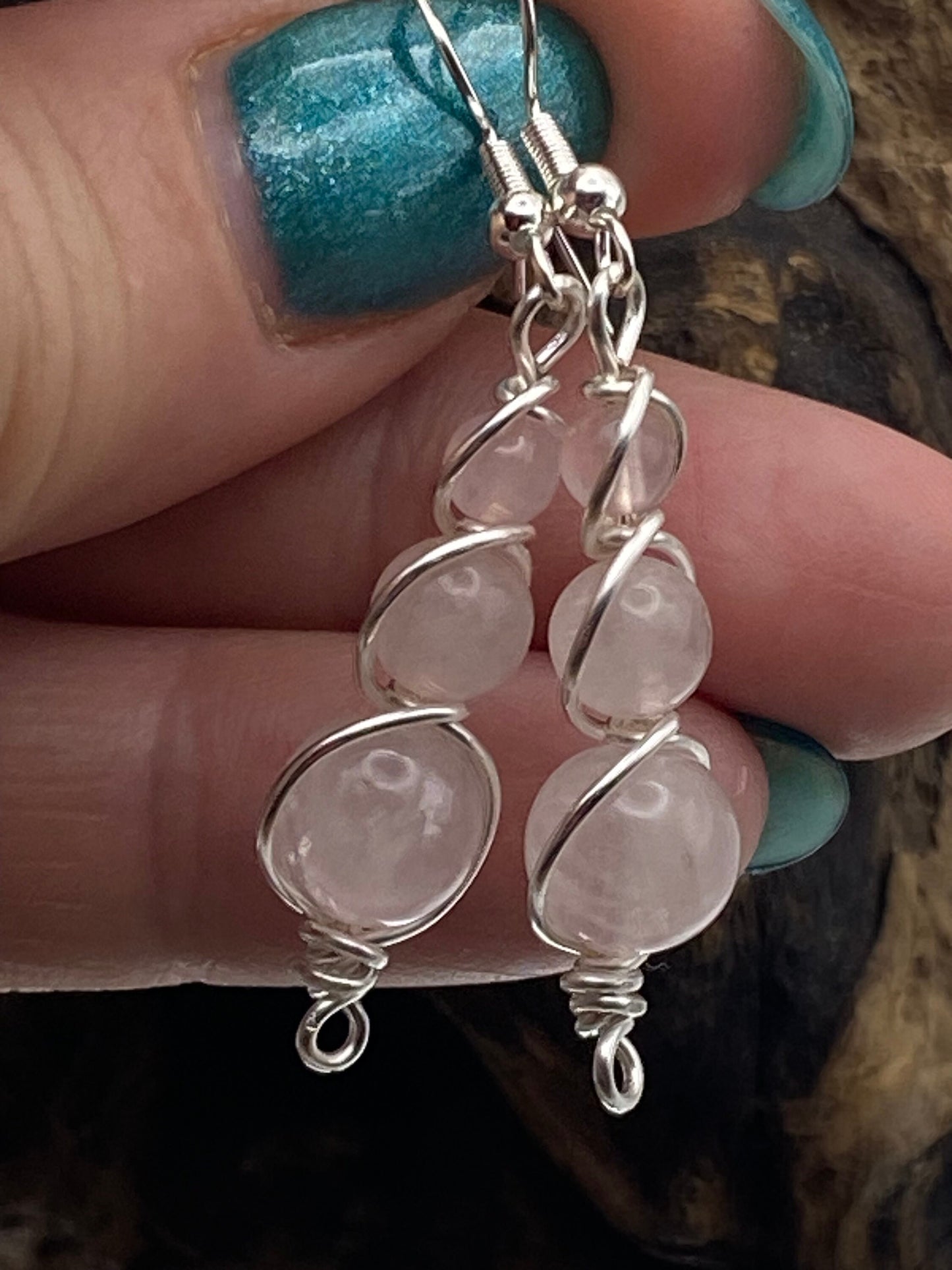 Pink Rose Quartz Gemstone and Silver Crystal Earrings, Unique Handmade Gift,