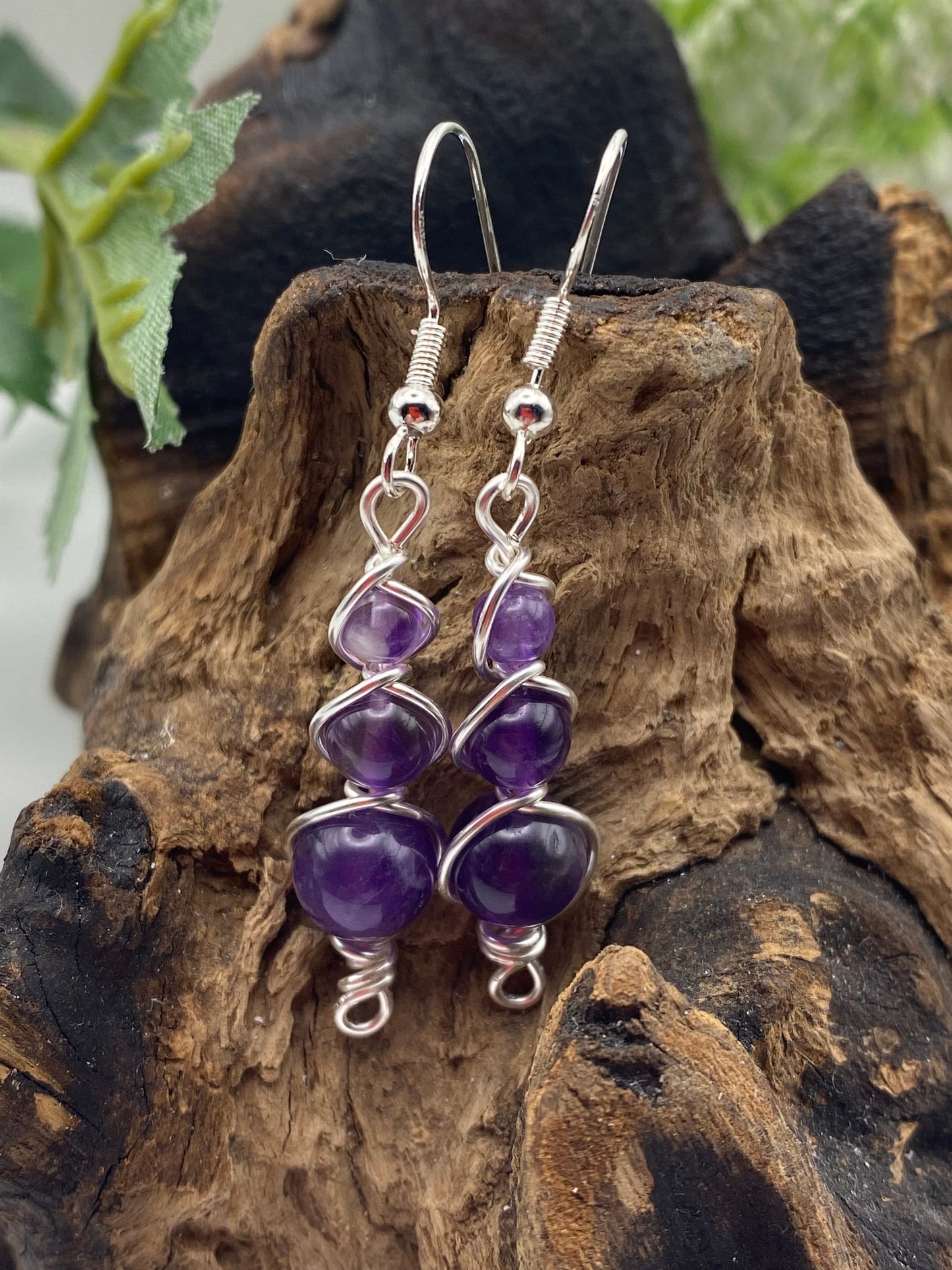 Amethyst Gemstone and Silver Wrapped Crystal Earrings, Unique Handmade Gift,