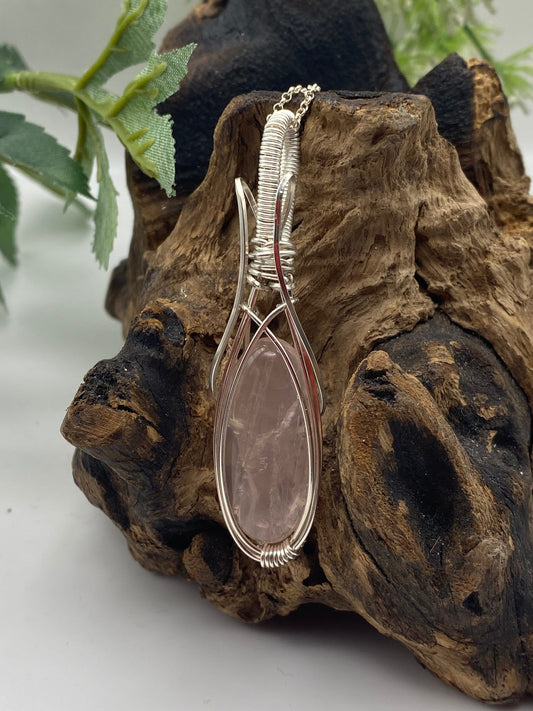 Rose Quartz Gemstone and Argentium Silver Pendant, Rose Quartz Wrapped Crystal Necklace, Unique Handcrafted Gift,