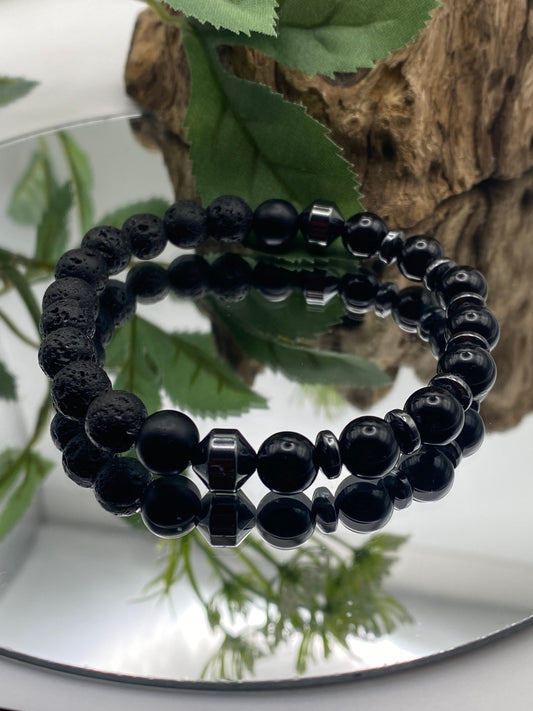 Mens Gemstone Bracelet, Onyx, Lava bead and Hematite Crystal Bracelet, Unique Handmade Gift,