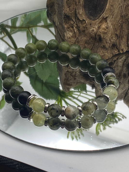 Mens Gemstone Bracelet, Prehnite and Jade Crystal Bracelet, Unique Handmade Gift,