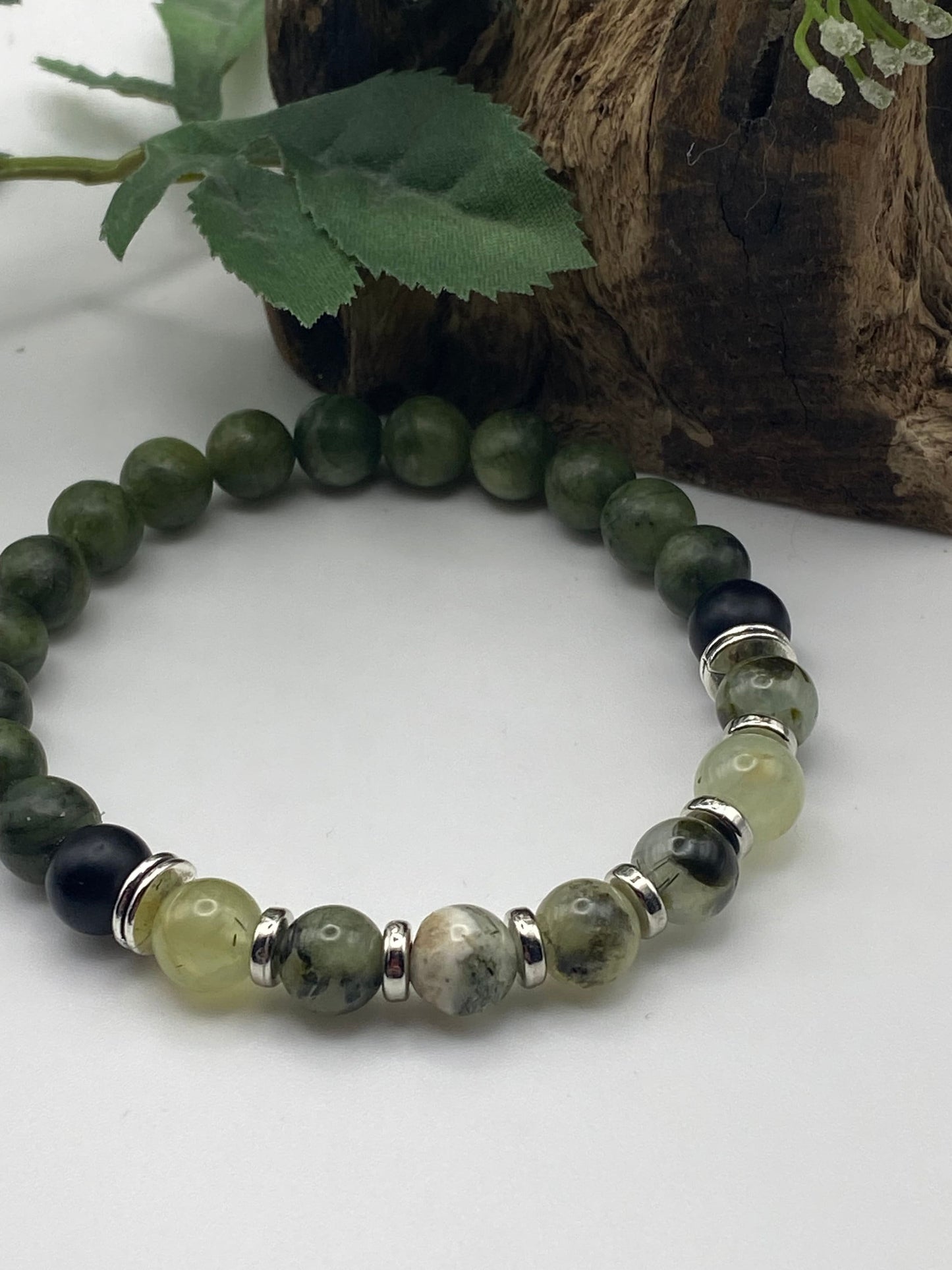 Mens Gemstone Bracelet, Prehnite and Jade Crystal Bracelet, Unique Handmade Gift,