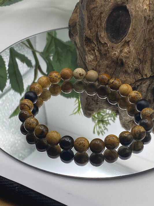 Mens Gemstone Bracelet, Picture Jasper and Tigers eye Crystal Bracelet, Unique Handmade Gift,