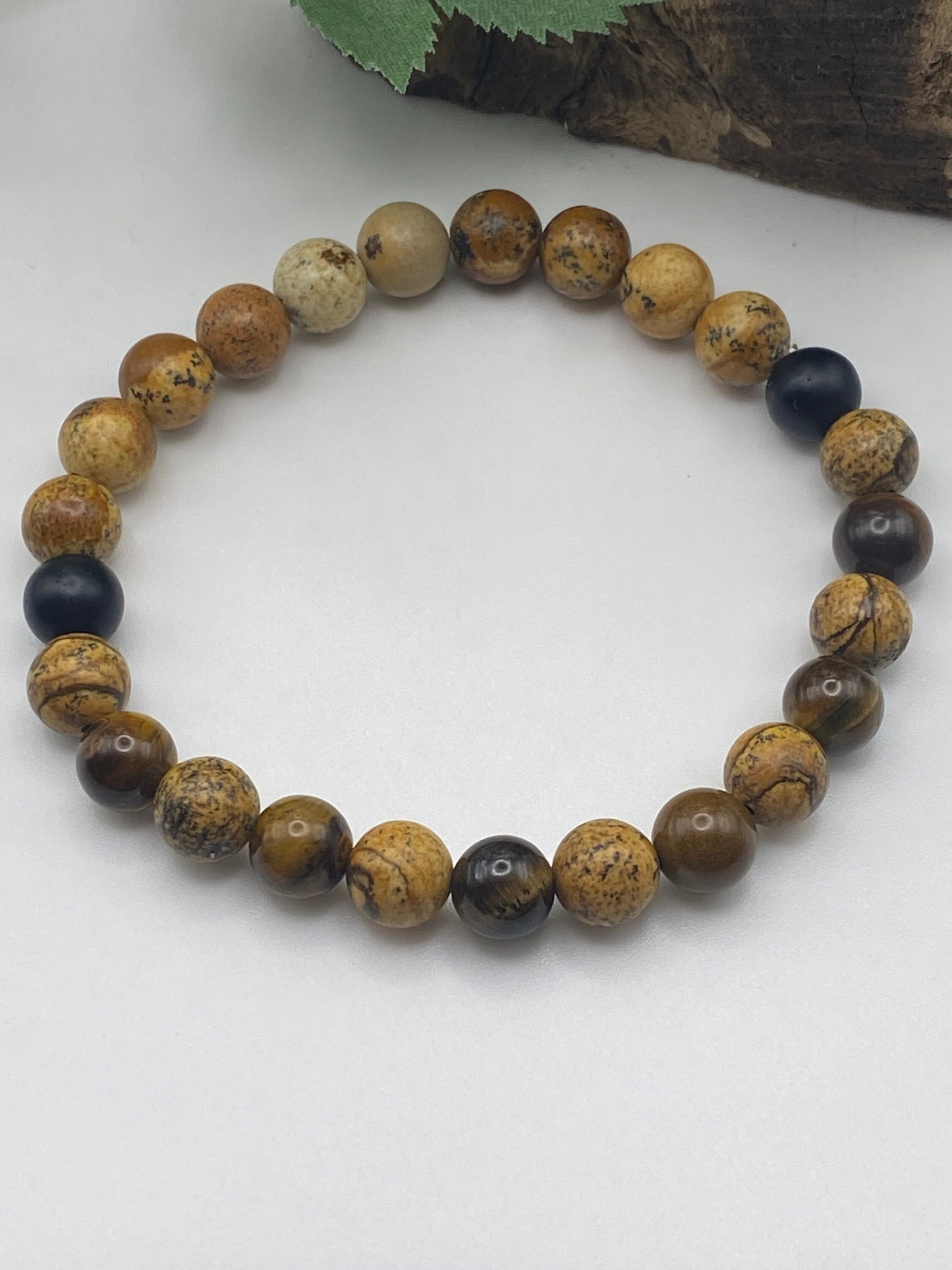 Mens Gemstone Bracelet, Picture Jasper and Tigers eye Crystal Bracelet, Unique Handmade Gift,