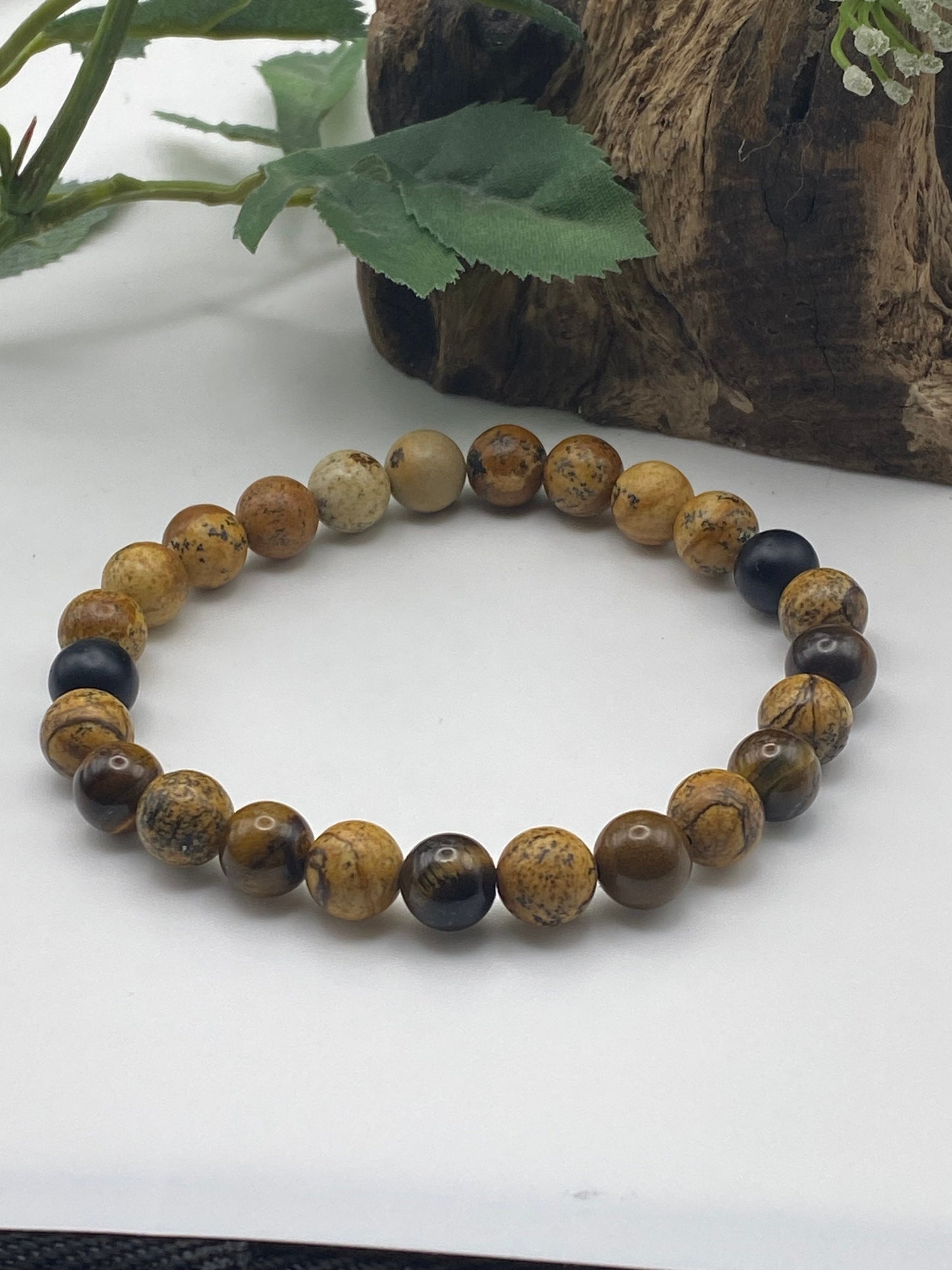 Mens Gemstone Bracelet, Picture Jasper and Tigers eye Crystal Bracelet, Unique Handmade Gift,