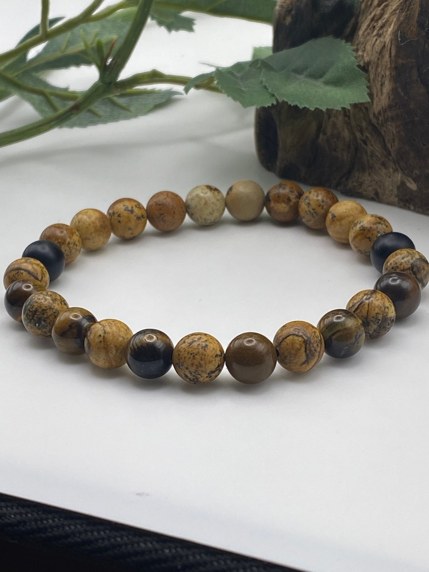 Mens Gemstone Bracelet, Picture Jasper and Tigers eye Crystal Bracelet, Unique Handmade Gift,