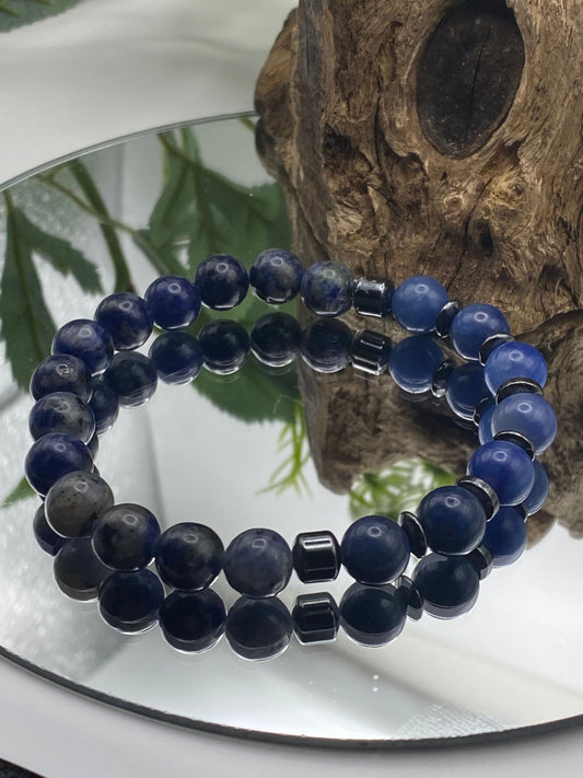 Mens Gemstone Bracelet, Blue Agate, Sodalite and Hematite Crystal Bracelet, Unique Handmade Gift,