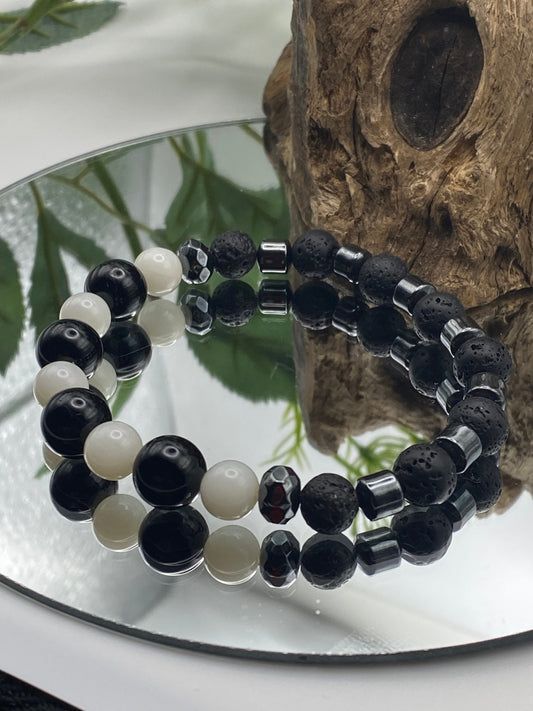 Mens Gemstone Bracelet, Moonstone, Tourmaline, Lava Bead and Hematite Crystal Bracelet, Unique Handmade Gift,