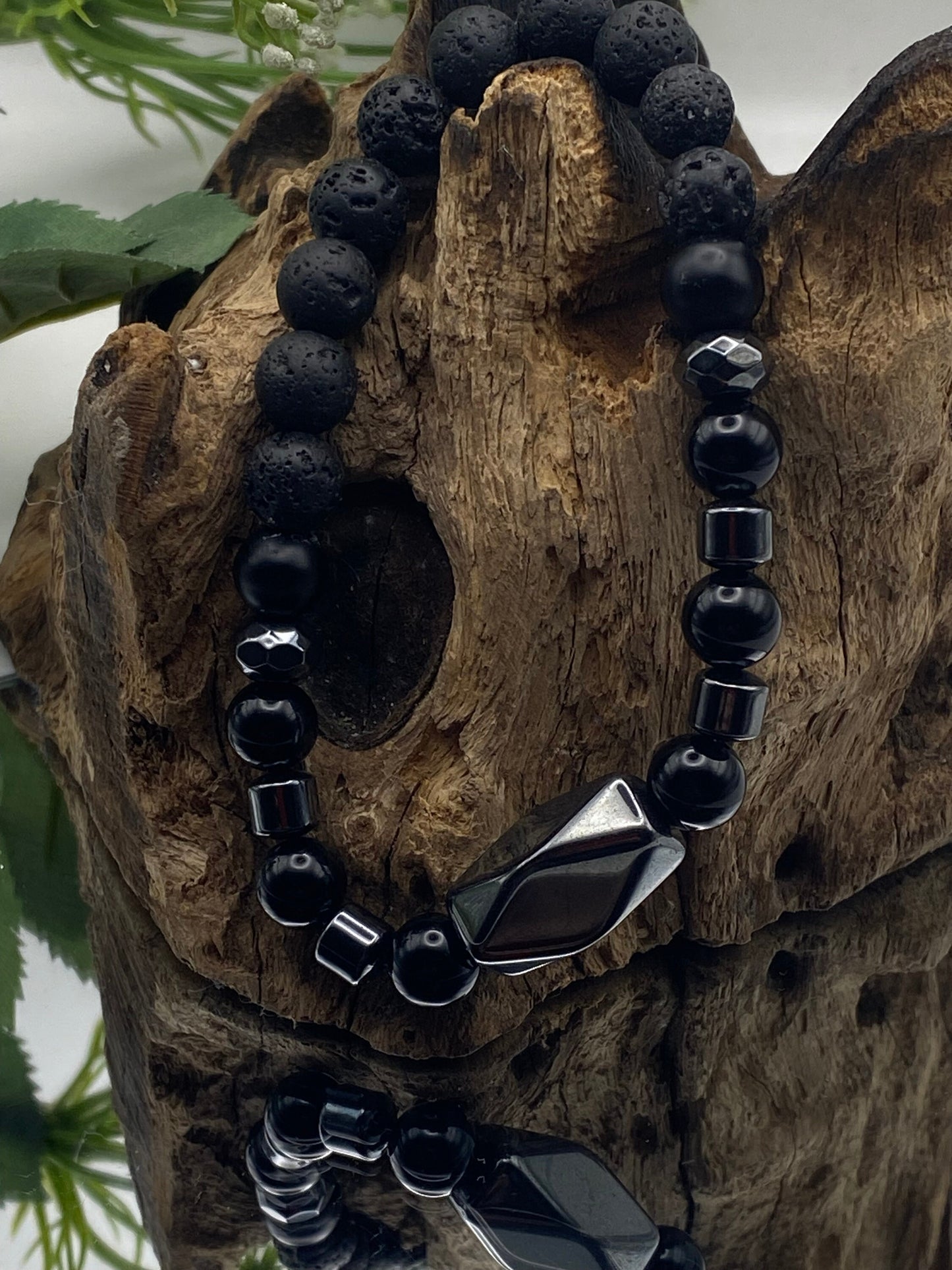 Mens Gemstone Bracelet, Onyx, Lava bead and Hematite Crystal Bracelet, Unique Handmade Gift,