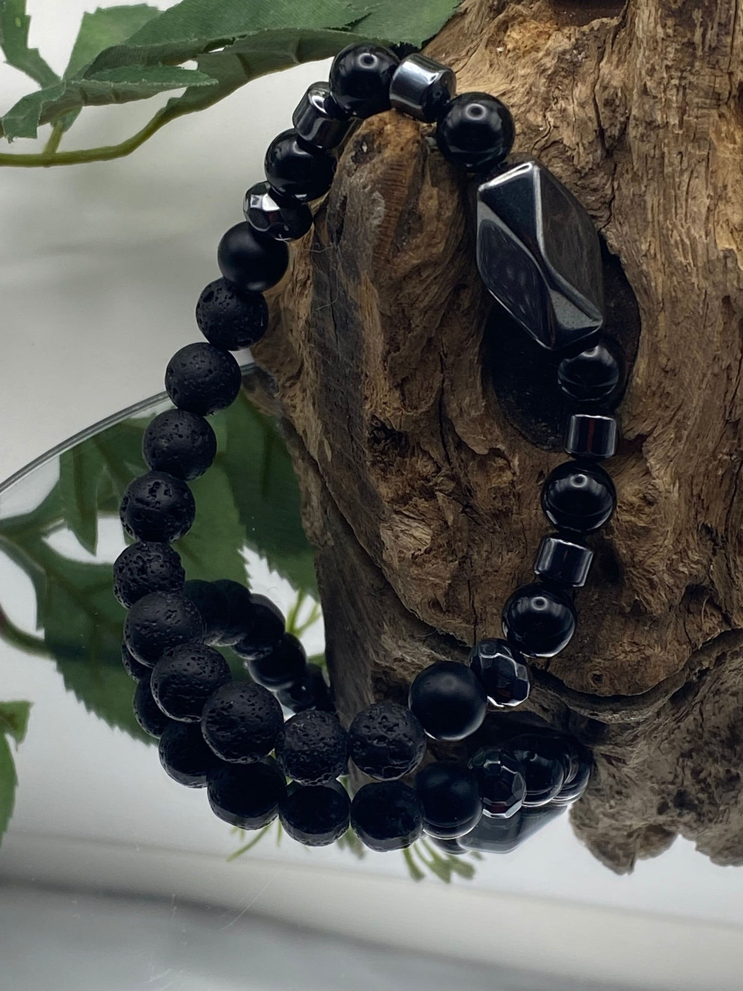 Mens Gemstone Bracelet, Onyx, Lava bead and Hematite Crystal Bracelet, Unique Handmade Gift,