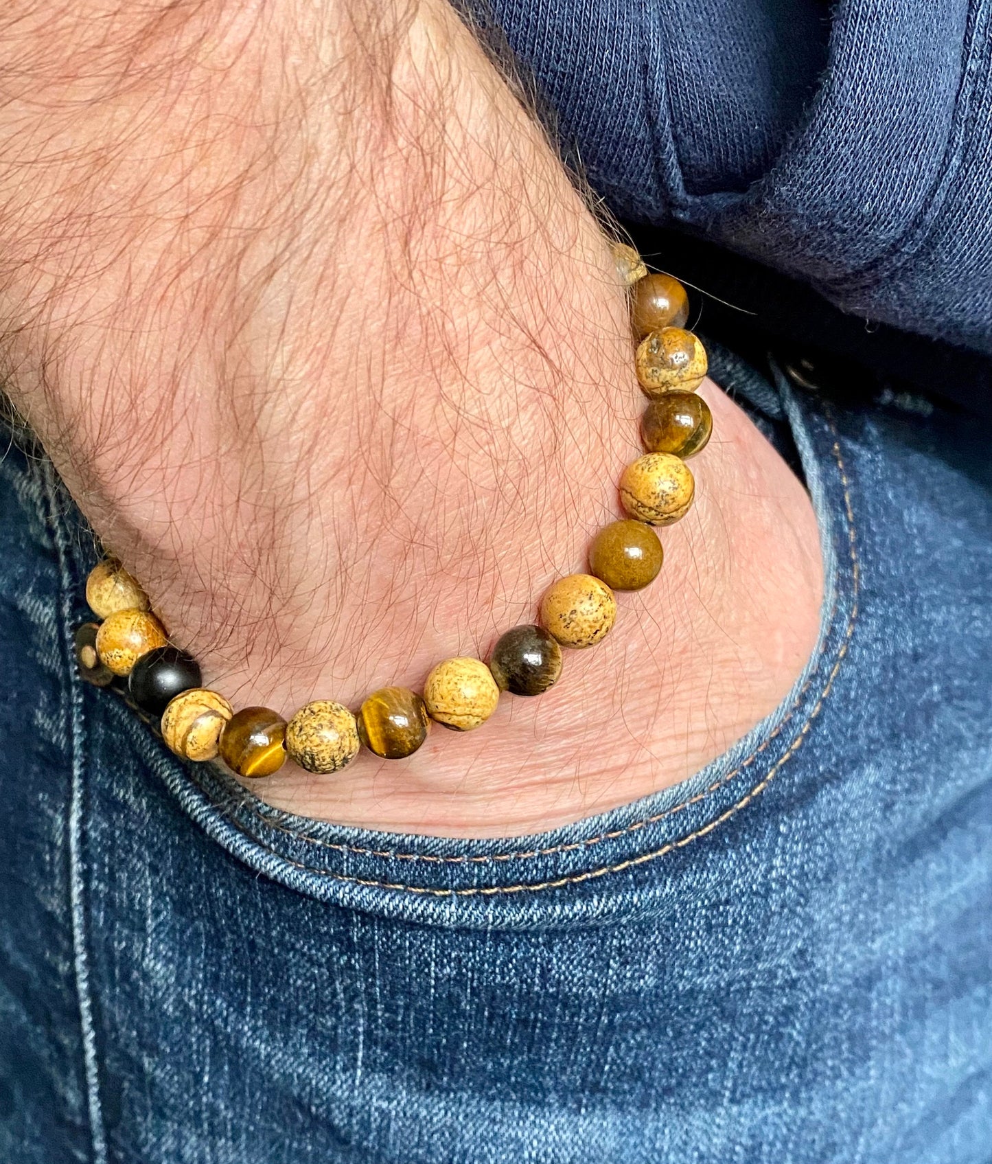 Mens Gemstone Bracelet, Picture Jasper and Tigers eye Crystal Bracelet, Unique Handmade Gift,