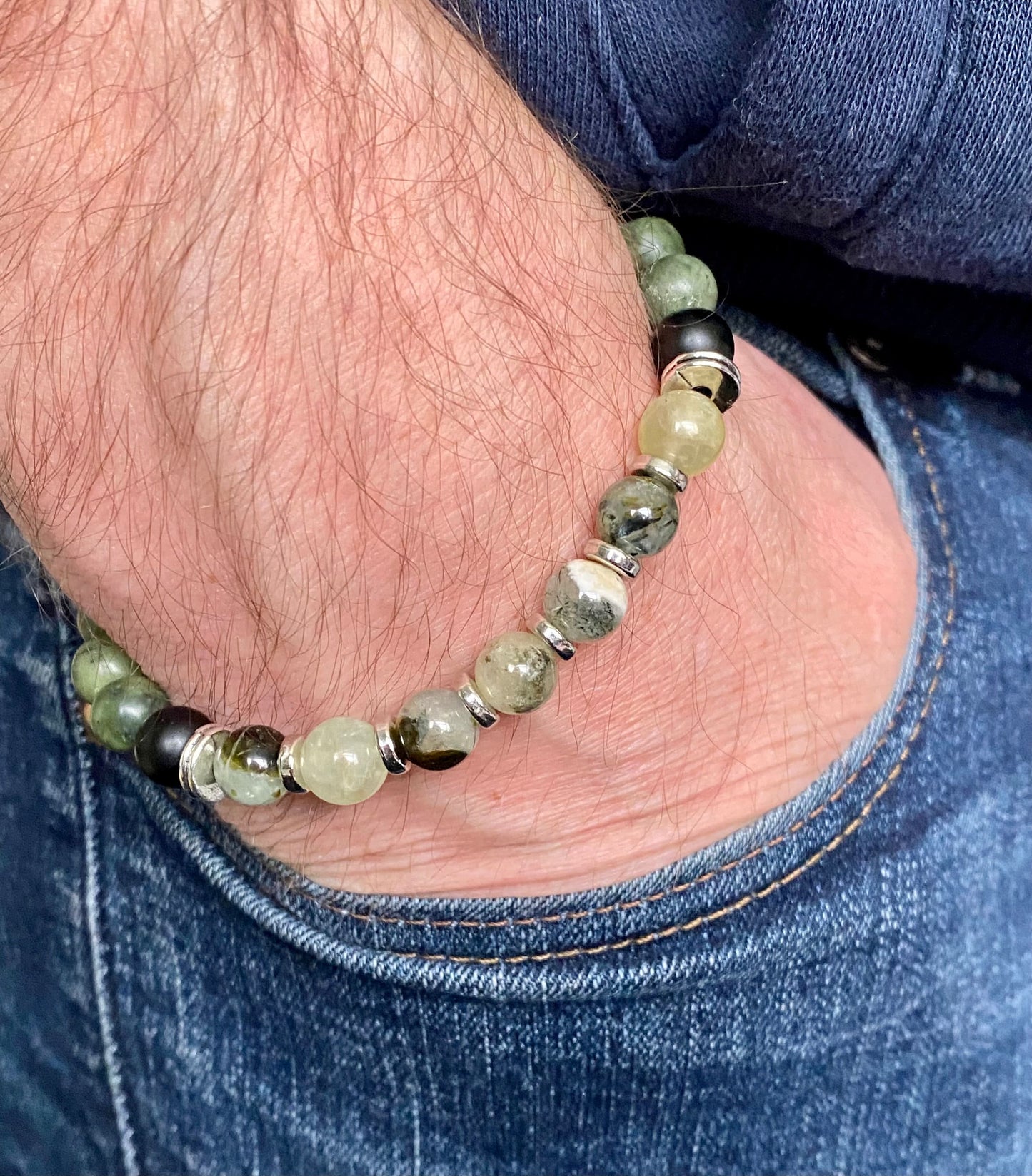 Mens Gemstone Bracelet, Prehnite and Jade Crystal Bracelet, Unique Handmade Gift,