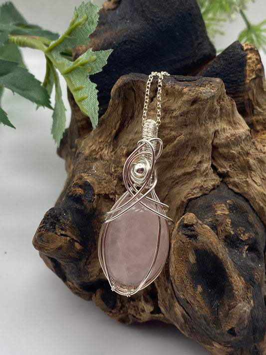 Rose Quartz Gemstone and Argentium Silver Pendant, Handmade Wrapped Crystal Necklace, Unique Handcrafted Gift,