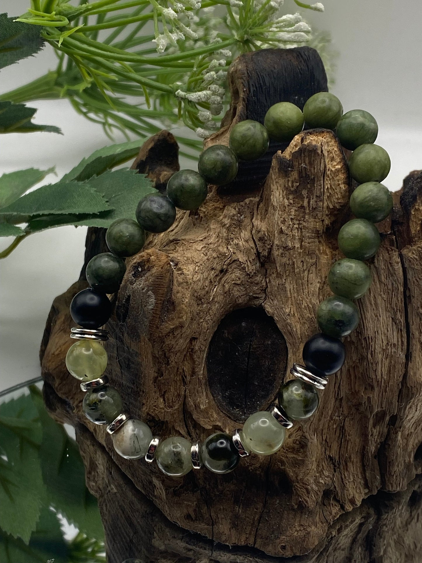 Mens Gemstone Bracelet, Prehnite and Jade Crystal Bracelet, Unique Handmade Gift,