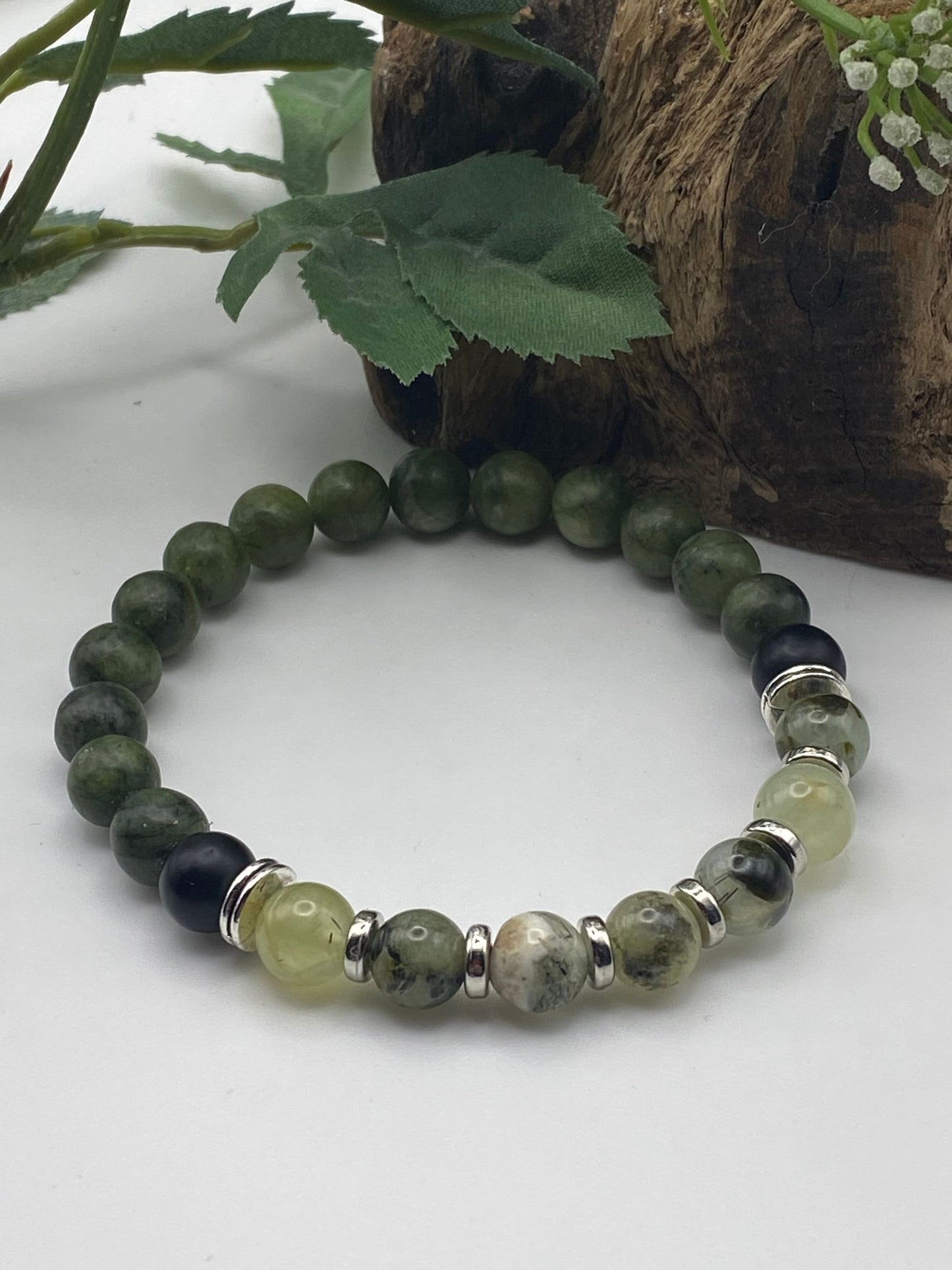 Mens Gemstone Bracelet, Prehnite and Jade Crystal Bracelet, Unique Handmade Gift,