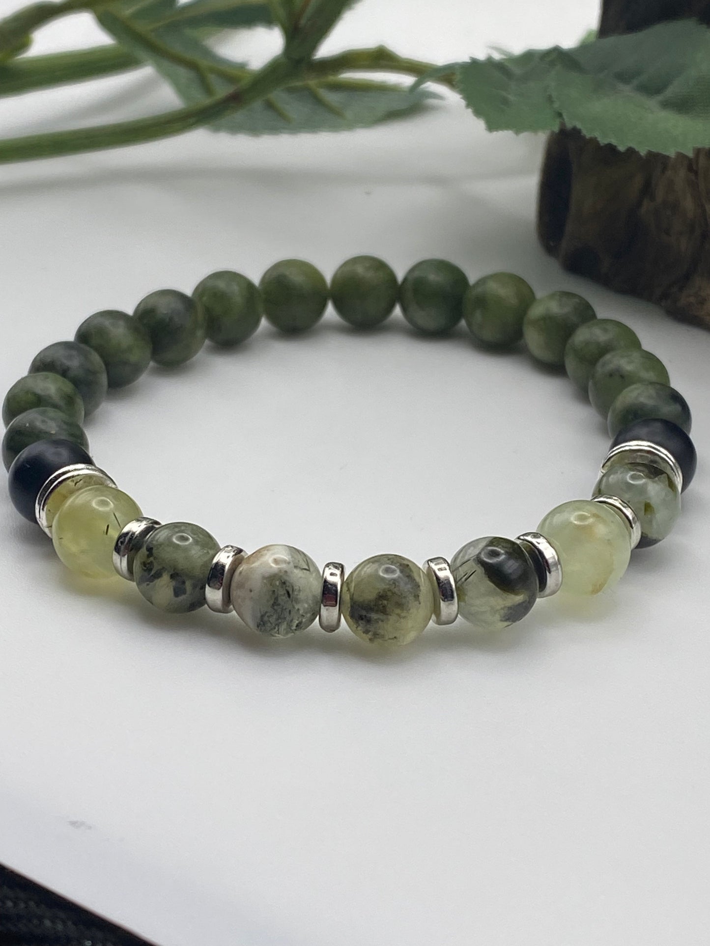 Mens Gemstone Bracelet, Prehnite and Jade Crystal Bracelet, Unique Handmade Gift,