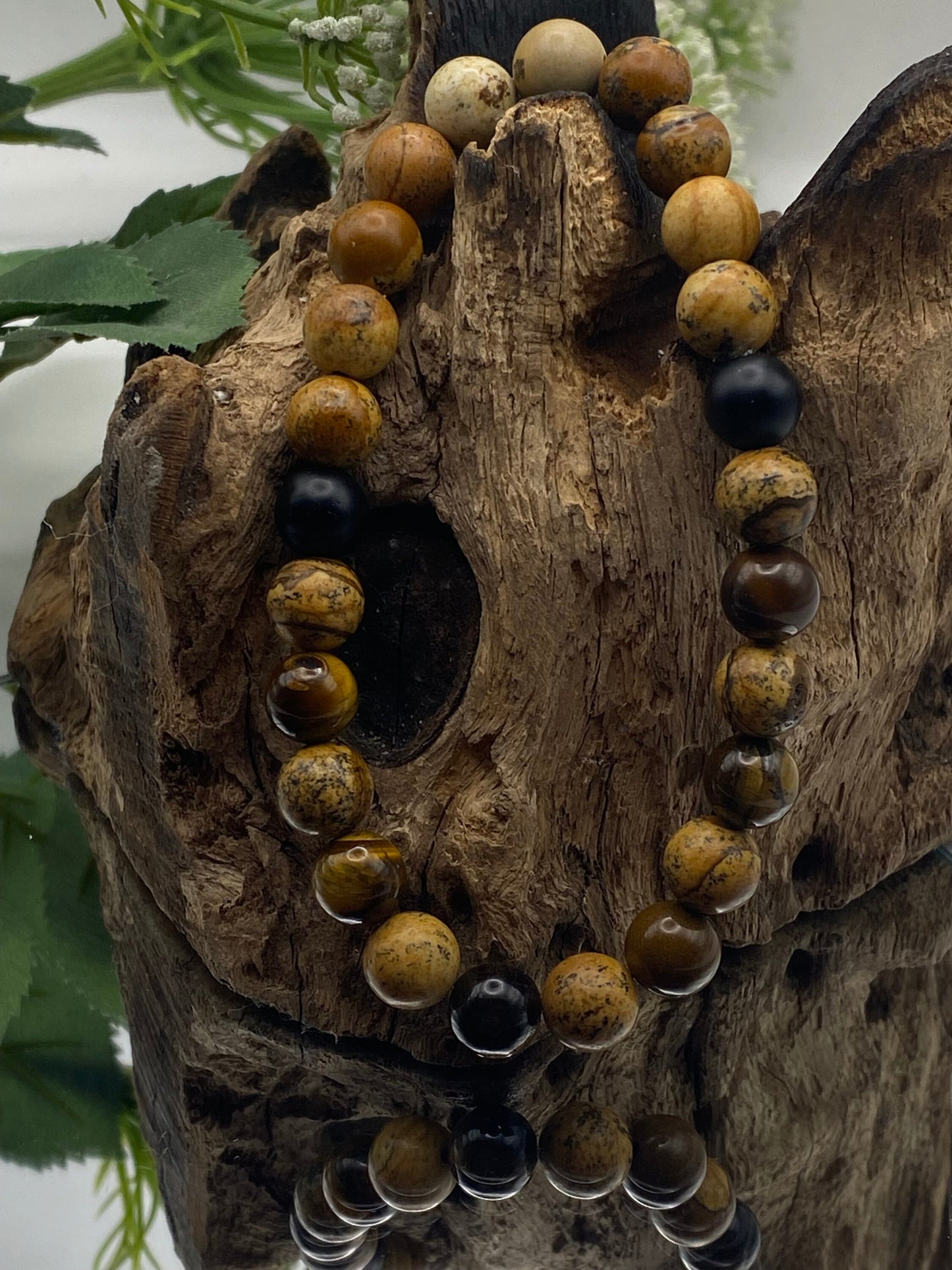 Mens Gemstone Bracelet, Picture Jasper and Tigers eye Crystal Bracelet, Unique Handmade Gift,